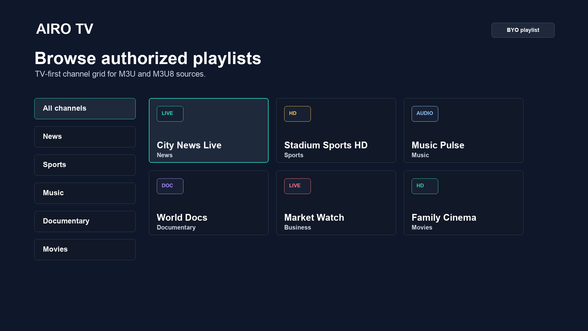 Airo TV browse screen using authorized demo data
