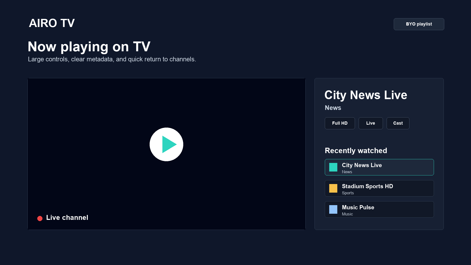 Airo TV now-playing screen using authorized demo content