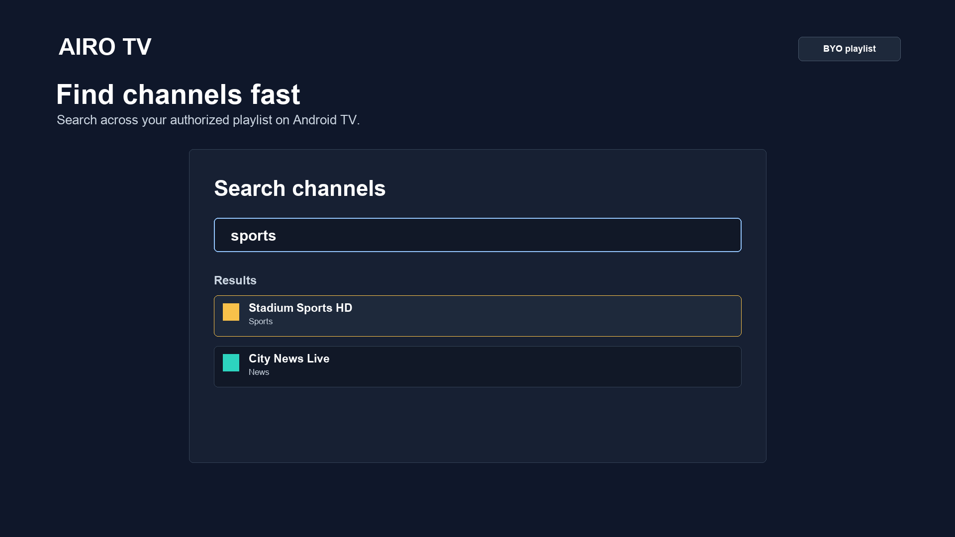 Airo TV channel search using neutral demo data