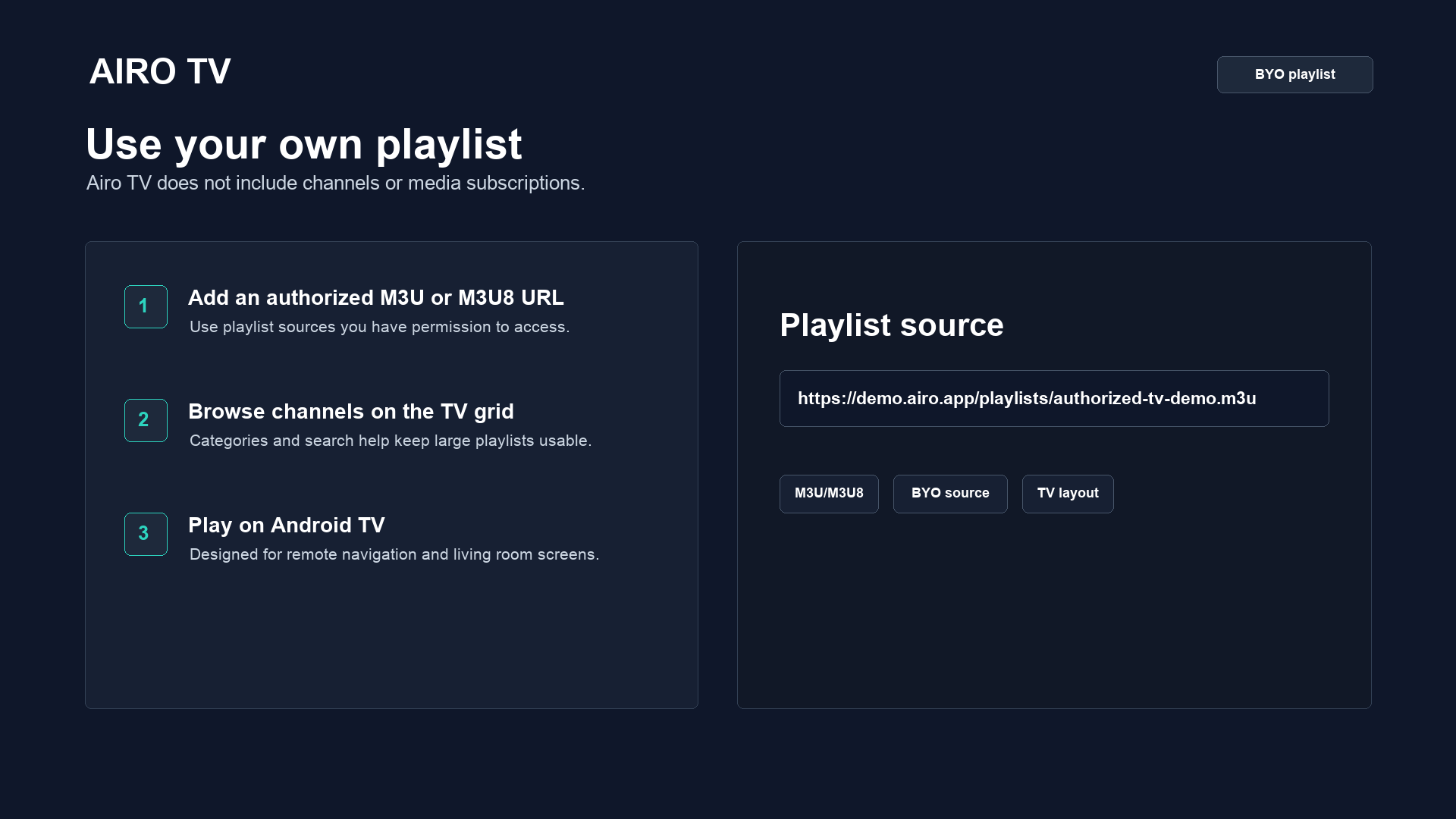 Airo TV playlist source setup using a neutral authorized demo URL