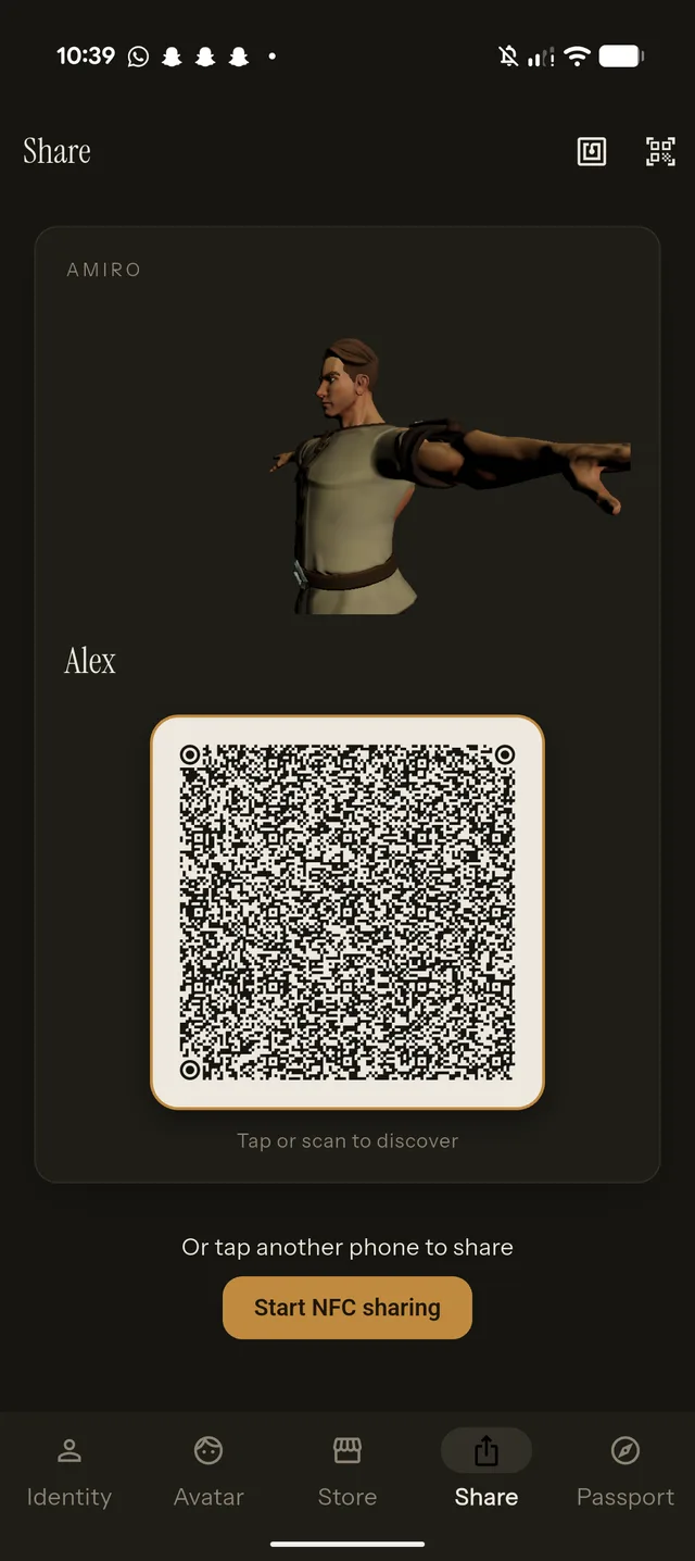 Amiro Share screen with QR code and NFC option